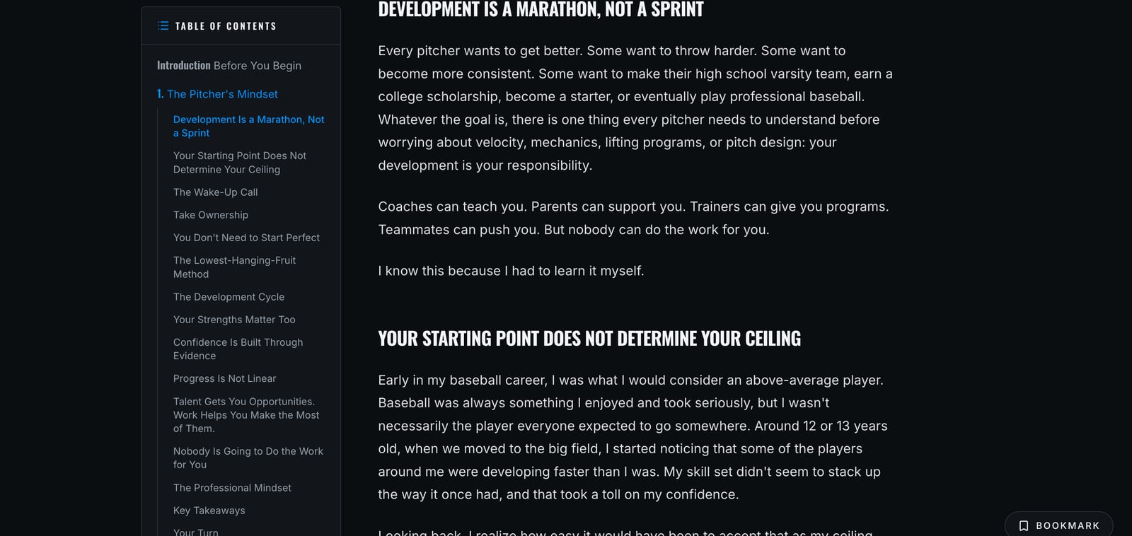 A page covering "Development Is a Marathon, Not a Sprint" and "Your Starting Point Does Not Determine Your Ceiling," explaining that a player takes ownership of their own development.