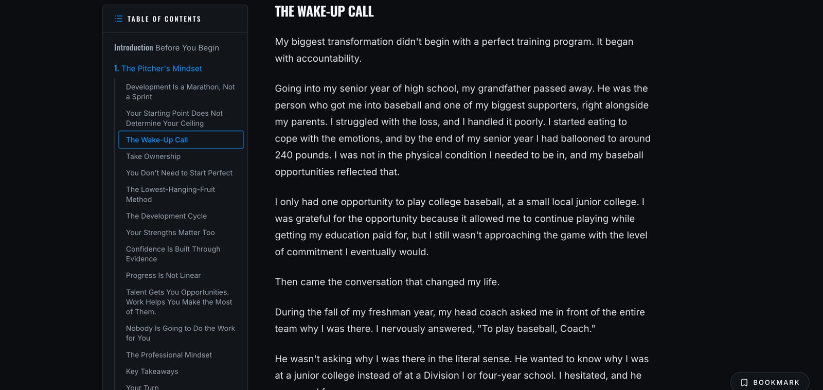 A page titled "The Wake-Up Call" where the author shares the personal story that changed how he approached his own baseball development.