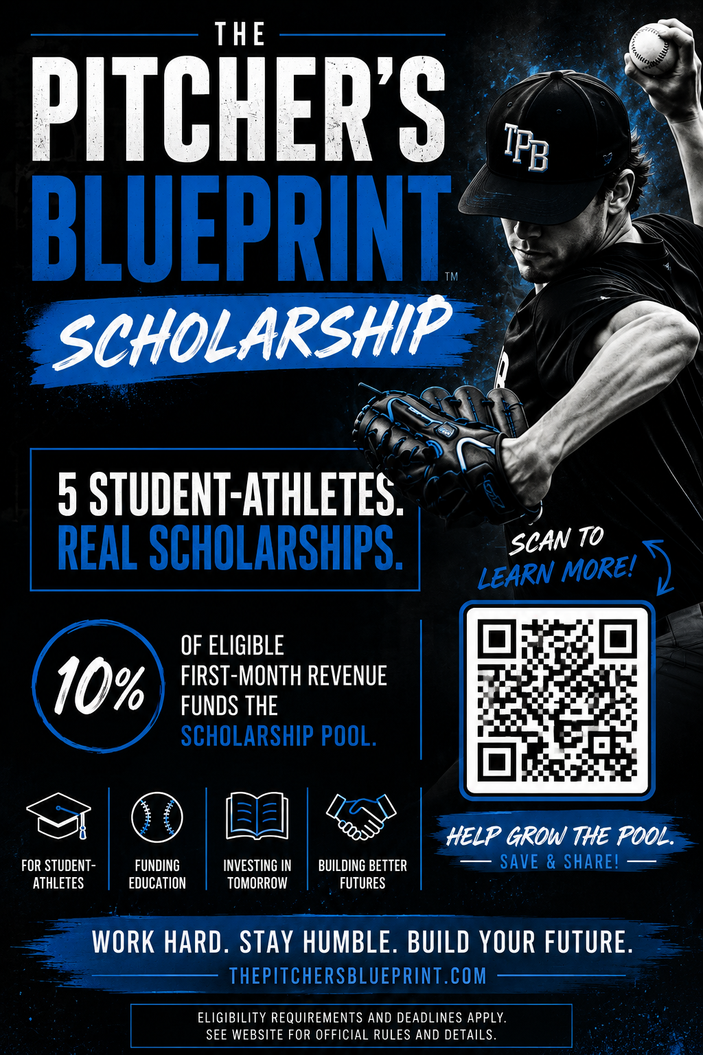 The Pitcher's Blueprint Scholarship — 5 student-athletes, real scholarships, funded by 10% of eligible first-month revenue